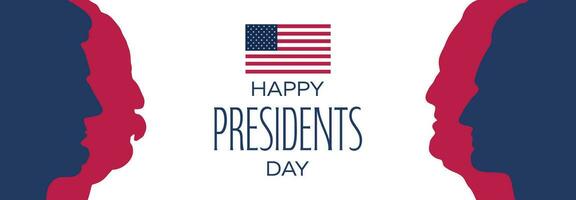 Happy Presidents Day banner. Federal holiday in America. Banner with faces four US presidents. Profile Lincoln, Washington, Jefferson, Roosevelt. Header for letters, websites, mailing lists vector