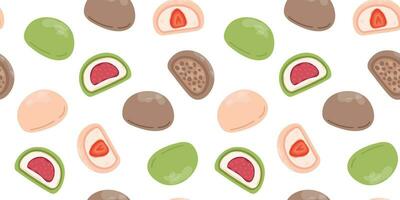 Japanese mochi seamless pattern. Colored mochi with different fillings. Asian sweet food. Vector for clothes, background, print, package. Japanese Mochi in rice dough. Vector flat illustration