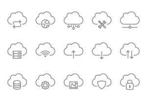 Set of 15 line icons related to data exchange, traffic, files, cloud, server. Outline icon collection.. Vector illustration