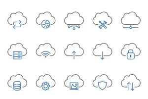 Set of 15 line icons related to data exchange, traffic, files, cloud, server. Outline icon collection.. Vector illustration