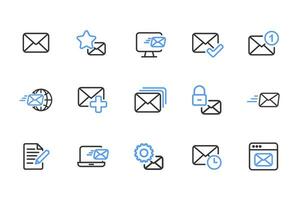 Mailing outline icon set black and blue. Containing mail, email, mailbox, letter, send, receive, post office and envelope icons. Outline icon collection. Vector illustration.