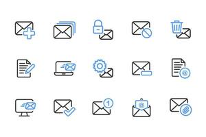 Mailing outline icon set black and blue. Containing mail, email, mailbox, letter, send, receive, post office and envelope icons. Outline icon collection. Vector illustration.