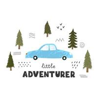 Vector Colorful Illustration of Blue Car and Lettering Little Adventurer