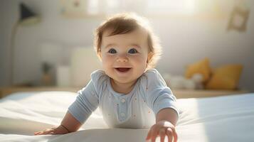 AI generated Joyful baby on a soft white bed reaches out with a tiny hand, smiling playfully against a neat, light backdrop, capturing a moment of innocent curiosity. photo