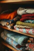 AI generated Neatly folded clothing in a variety of colors and patterns are stacked on wooden shelves, showcasing a cozy and organized closet space. photo