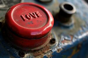 ai generado vibrante controlar botón con el palabra amor en relieve en negrita letras fijado a un resistido industrial panel, simbolizando el poder y urgencia de amor. san valentin conceptos. foto