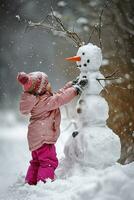 ai generado alegre niño en un rosado chaqueta y vistoso sombrero construye monigote de nieve en Nevado día, adornando eso con un Zanahoria nariz y ramita brazos, debajo un amable nevada. foto