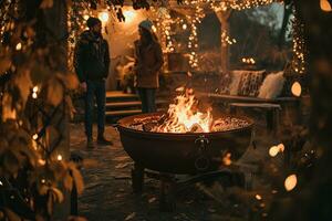 AI generated Vibrant campfire crackles amidst a snowy scene, with golden bokeh lights and two blurred figures seated behind, evoking warmth in the cold winter ambiance. photo