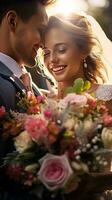 AI generated A bride and groom closely hold a beautiful bouquet, filled with soft pink and red flowers, against a dreamy, sunlit backdrop. photo