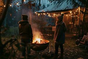 AI generated Vibrant campfire crackles amidst a snowy scene, with golden bokeh lights and two blurred figures seated behind, evoking warmth in the cold winter ambiance. photo