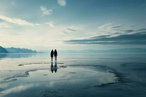 AI generated Young couple ice skating hand in hand on a serene, frozen lake surrounded by snow covered trees on a sunny day. photo