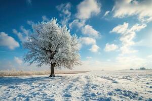 ai generado solitario árbol soportes cubierto en escarcha en contra un brillante azul cielo, rodeado por un prístino Nevado paisaje con huellas dispersado a través de el primer plano. foto