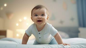 ai generado alegre bebé en un suave blanco cama alcanza fuera con un minúsculo mano, sonriente en broma en contra un limpio, ligero fondo, capturar un momento de inocente curiosidad. foto