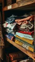 AI generated Neatly folded clothing in a variety of colors and patterns are stacked on wooden shelves, showcasing a cozy and organized closet space. photo