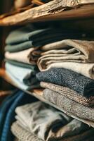 AI generated Neatly folded clothing in a variety of colors and patterns are stacked on wooden shelves, showcasing a cozy and organized closet space. photo