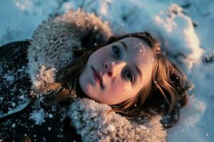 AI generated Young girl with closed eyes lies in the snow, her face peaceful. Snowflakes decorate her hair and winter coat. Her cheeks are rosy from the cold. photo