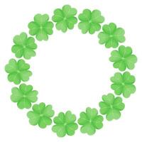 Round vector frame for St. Patrick Day with green four-leaf clover leaves. Background for the design of greeting card for the Irish festival. Natural floral spring background. copy space