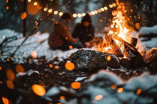 AI generated Vibrant campfire crackles amidst a snowy scene, with golden bokeh lights and two blurred figures seated behind, evoking warmth in the cold winter ambiance. photo