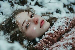 ai generado joven niña con cerrado ojos mentiras en el nieve, su cara pacífico. copos de nieve Decorar su pelo y invierno abrigo. su las mejillas son rosado desde el frío. foto