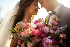 ai generado un novia y novio cercanamente sostener un hermosa ramo, lleno con suave rosado y rojo flores, en contra un soñador, iluminado por el sol fondo. foto