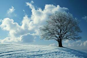 ai generado solitario árbol soportes cubierto en escarcha en contra un brillante azul cielo, rodeado por un prístino Nevado paisaje con huellas dispersado a través de el primer plano. foto