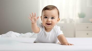 ai generado alegre bebé en un suave blanco cama alcanza fuera con un minúsculo mano, sonriente en broma en contra un limpio, ligero fondo, capturar un momento de inocente curiosidad. foto