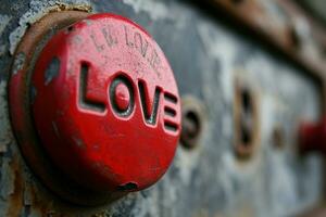 ai generado vibrante controlar botón con el palabra amor en relieve en negrita letras fijado a un resistido industrial panel, simbolizando el poder y urgencia de amor. san valentin conceptos. foto