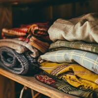 AI generated Neatly folded clothing in a variety of colors and patterns are stacked on wooden shelves, showcasing a cozy and organized closet space. photo