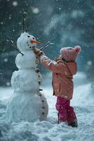 AI generated Joyful child in a pink jacket and colorful hat builds snowman on snowy day, adorning it with a carrot nose and twig arms, under a gentle snowfall. photo