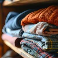 AI generated Neatly folded clothing in a variety of colors and patterns are stacked on wooden shelves, showcasing a cozy and organized closet space. photo