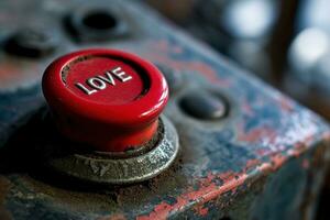 ai generado vibrante controlar botón con el palabra amor en relieve en negrita letras fijado a un resistido industrial panel, simbolizando el poder y urgencia de amor. san valentin conceptos. foto