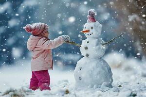 AI generated Joyful child in a pink jacket and colorful hat builds snowman on snowy day, adorning it with a carrot nose and twig arms, under a gentle snowfall. photo