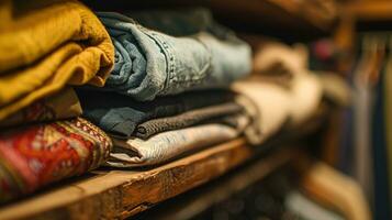 AI generated Neatly folded clothing in a variety of colors and patterns are stacked on wooden shelves, showcasing a cozy and organized closet space. photo