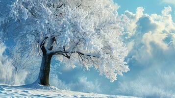 ai generado solitario árbol soportes cubierto en escarcha en contra un brillante azul cielo, rodeado por un prístino Nevado paisaje con huellas dispersado a través de el primer plano. foto