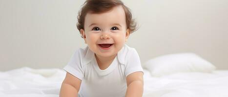 AI generated Joyful baby on a soft white bed reaches out with a tiny hand, smiling playfully against a neat, light backdrop, capturing a moment of innocent curiosity. photo