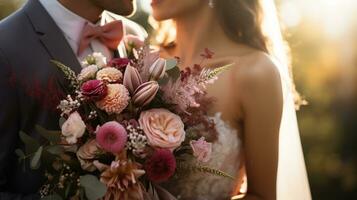 ai generado un novia y novio cercanamente sostener un hermosa ramo, lleno con suave rosado y rojo flores, en contra un soñador, iluminado por el sol fondo. foto