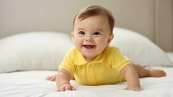 AI generated Joyful baby on a soft white bed reaches out with a tiny hand, smiling playfully against a neat, light backdrop, capturing a moment of innocent curiosity. photo