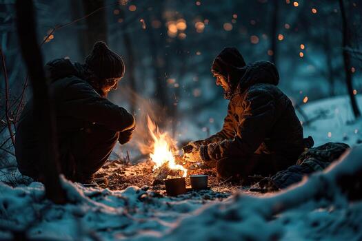 AI generated Vibrant campfire crackles amidst a snowy scene, with golden bokeh lights and two blurred figures seated behind, evoking warmth in the cold winter ambiance. photo