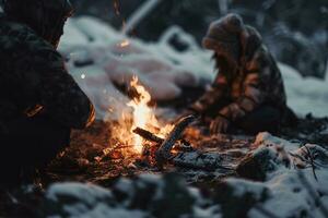 ai generado vibrante hoguera crujidos en medio de un Nevado escena, con dorado bokeh luces y dos borroso cifras sentado detrás, evocando calor en el frío invierno ambiente foto