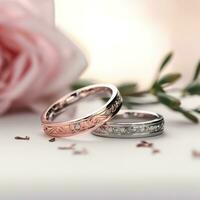 ai generado hermosa platino anillos con un Rosa oro acento es mostrado arriba cerca, posicionado en un blanco superficie con amable luz de sol suavemente destacando el anillos detalles en el antecedentes. foto