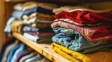 AI generated Neatly folded clothing in a variety of colors and patterns are stacked on wooden shelves, showcasing a cozy and organized closet space. photo