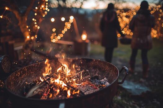 AI generated Vibrant campfire crackles amidst a snowy scene, with golden bokeh lights and two blurred figures seated behind, evoking warmth in the cold winter ambiance. photo