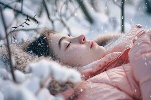 ai generado joven niña con cerrado ojos mentiras en el nieve, su cara pacífico. copos de nieve Decorar su pelo y invierno abrigo. su las mejillas son rosado desde el frío. foto