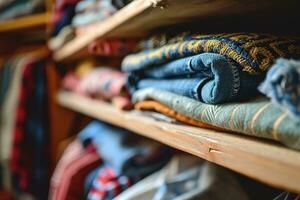 AI generated Neatly folded clothing in a variety of colors and patterns are stacked on wooden shelves, showcasing a cozy and organized closet space. photo