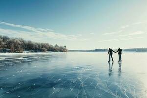 ai generado joven Pareja hielo Patinaje mano en mano en un sereno, congelado lago rodeado por nieve cubierto arboles en un soleado día. foto