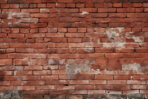 AI generated Expansive panorama showing the textured surface of an aged red brick wall with noticeable weathering and various shades of bricks, suitable for a rustic background. photo