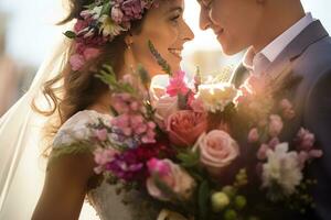 ai generado un novia y novio cercanamente sostener un hermosa ramo, lleno con suave rosado y rojo flores, en contra un soñador, iluminado por el sol fondo. foto