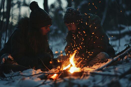 AI generated Vibrant campfire crackles amidst a snowy scene, with golden bokeh lights and two blurred figures seated behind, evoking warmth in the cold winter ambiance. photo