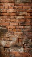 AI generated Expansive panorama showing the textured surface of an aged red brick wall with noticeable weathering and various shades of bricks, suitable for a rustic background. photo