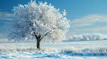 ai generado solitario árbol soportes cubierto en escarcha en contra un brillante azul cielo, rodeado por un prístino Nevado paisaje con huellas dispersado a través de el primer plano. foto